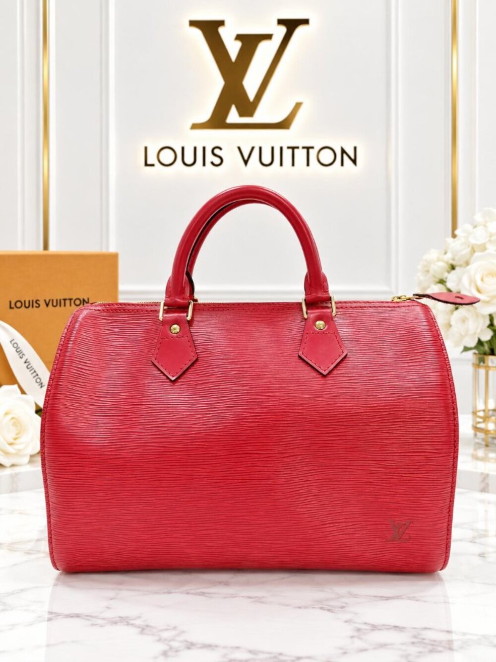 Authentic Louis Vuitton Speedy 35 Red Epi Leather Vintage Top Handle Boston Bag